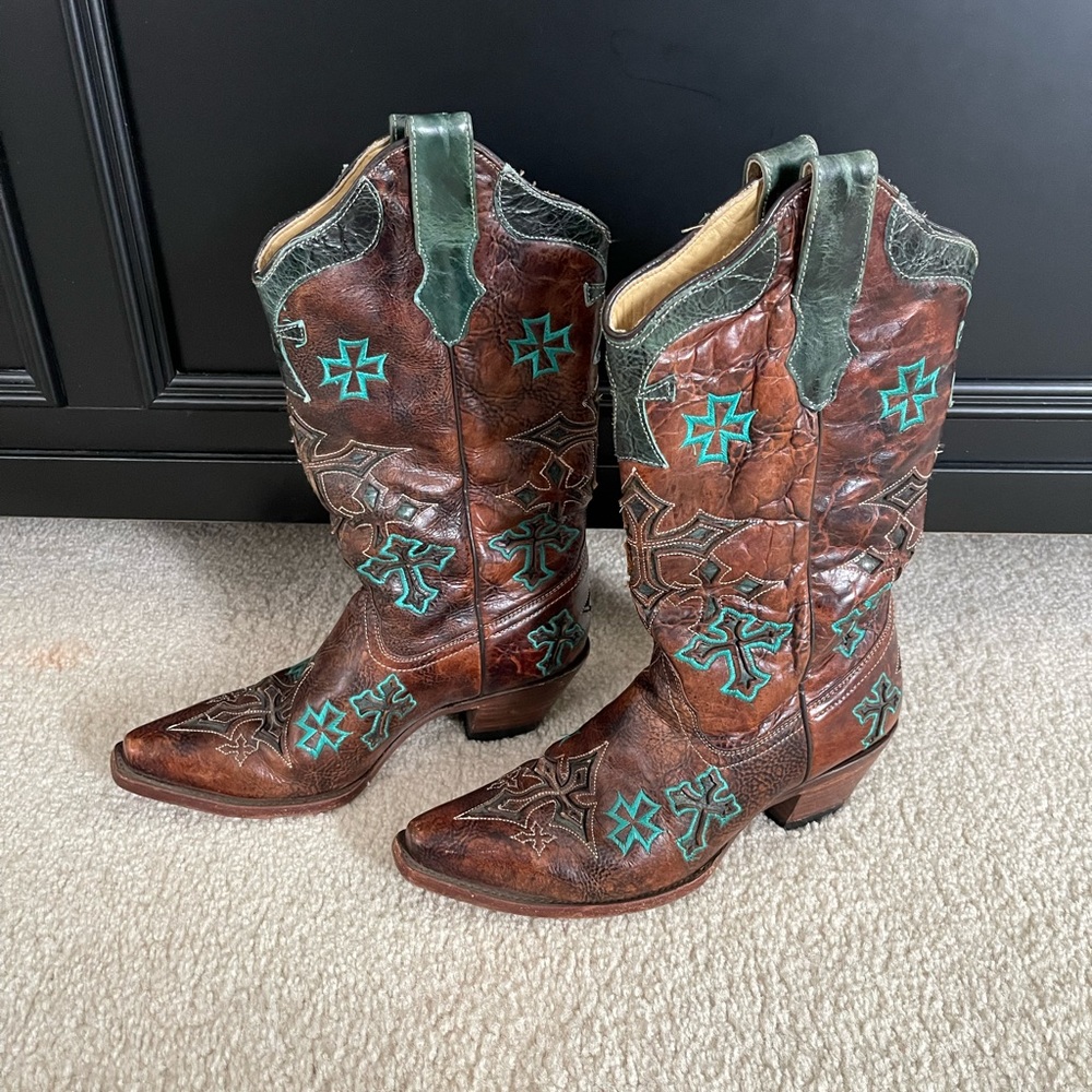 Corral Whiskey / Turquoise Cross Cowboy Boots - Cowgirl Boots - Size: 8M